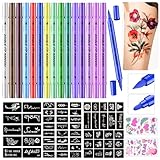 PFARRER Temporäre Tattoo Markers for Skin, Tattoo stifte für die haut 15 Body Markers + 64 Large Tattoo Stencils & 2 sheets Glow Stickers for Kids and Adults, Dual-End Tattoo Pens ZYH2310001KIT