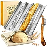 KRUSTENZAUBER Baguette Backform Antihaft inkl. Bäckerleinen u. Bäckermesser - 4er Baguette-Backblech - Ideal als Baguetteblech, Brotbackform, Baguetteform, Baguette Blech, Brot Backen Zubehör