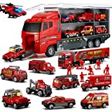 LYKJ-karber 19 in 1 Feuerwehrauto Set, Feuerwehr Spielzeug Fire Trucks im Lastwagen mit 9 Figuren für Kinder ab 3 Jahren