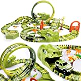 burgkidz Dinosaurier Rennstrecken Spielen Fahrzeuge Spielzeug Set, 387 Stück Flexible Dinos Bahngleise mit 360 Loop und Auto Turntable Spielset, 2 Rennwagen, Geschenk für Kinder ab 3 Jahren